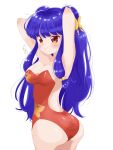  1girl arms_behind_head arms_up ass breasts highres jjrw4344_(user_jjrw4344) long_hair looking_at_viewer medium_breasts one-piece_swimsuit purple_hair shampoo_(ranma_1/2) simple_background skin_tight solo swimsuit white_background 