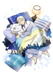 1boy bad_source barefoot black_hair blanket bungou_stray_dogs closed_eyes fingernails grey_hair lamp male_focus multicolored_hair nakajima_atsushi_(bungou_stray_dogs) official_art pajamas parted_lips pillow sleeping star_(symbol) streaked_hair stuffed_animal stuffed_tiger stuffed_toy transparent_background 