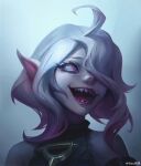  1girl absurdres ahoge artist_name briar_(league_of_legends) colored_sclera colored_skin gradient_background grey_skin hair_over_one_eye highres league_of_legends medium_hair multicolored_hair open_mouth pink_hair pointy_ears portrait red_sclera saliva sidelocks signature simple_background smile solo streaked_hair two-tone_hair vampire white_eyes white_hair zs_hiyuan 