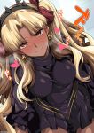  1girl black_cape black_dress black_gloves blonde_hair blush breasts cape dark-skinned_female dark_skin dress earrings ereshkigal_(fate) ereshkigal_alter_(fate) fate/grand_order fate_(series) fur-trimmed_cape fur_trim gloves hair_ribbon highres hoop_earrings jewelry long_hair long_sleeves looking_at_viewer medium_breasts parted_bangs red_eyes ribbon smile solo thighs tiara two_side_up unadon 