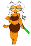  4_fingers ahsoka_tano anthro blue_eyes breasts clothing domestic_cat felid feline felis female fingers garfield_(series) garfield_the_cat hi_res lightsaber mad_(series) mammal melee_weapon orange_body simple_background solo star_wars sudoku_(mad) tail weapon white_background yoshua_russo 
