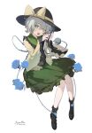  1girl black_headwear green_eyes grey_hair hair_between_eyes hat hat_ribbon highres komeiji_koishi open_mouth ribbon short_hair siyumu smile solo touhou yellow_ribbon 