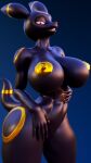  3d_(artwork) abs absurd_res anthro areola bald big_breasts breasts digital_media_(artwork) eeveelution fangs female generation_2_pokemon gradient_background grin hi_res markings nintendo nipples nude numera_(severalbaps) pokemon pokemon_(species) red_eyes severalbaps simple_background smile solo teeth umbreon wide_hips 