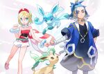  1boy 1girl adaman_(pokemon) aqua_eyes arm_wrap blonde_hair blue_coat blue_hair bracelet clenched_hand coat collar collarbone commentary_request eyebrow_cut ffccll glaceon hair_between_eyes hand_up highres irida_(pokemon) jewelry knees leafeon open_mouth pokemon pokemon_(creature) pokemon_(game) pokemon_legends:_arceus ponytail shirt shoes shorts smile strapless strapless_shirt white_shorts 