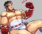  1boy abs bandaged_leg bandages bara biceps black_hair bulge clenched_hand clothing_aside colored_skin covered_abs facial_hair feet_out_of_frame flexing forked_eyebrows fundoshi fundoshi_aside goatee goriin110 hachimaki head_tilt headband highres japanese_clothes large_pectorals looking_at_viewer looking_to_the_side male_focus mature_male midriff_sarashi muscular muscular_male mutton_chops nejiri_hachimaki nipples notice_lines pectorals red_skin sarashi short_hair sitting solo stomach tajikarao_(housamo) thick_eyebrows thick_thighs thighs tokyo_afterschool_summoners topless_male tusks 
