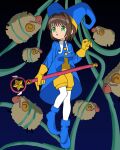  1girl blue_dress bodysuit brown_hair cardcaptor_sakura commentary_request dress gloves green_eyes hat highres hoshi_no_tsue jester_cap kinomoto_sakura numamomi pantyhose pointy_footwear sheep solo wand white_pantyhose yellow_bodysuit yellow_gloves 