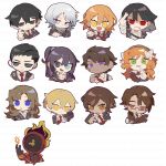  1other 6+boys 6+girls black_eyes black_hair blonde_hair bow brown_eyes brown_hair chibi clock dante_(limbus_company) don_quixote_(limbus_company) faust_(limbus_company) glasses gregor_(limbus_company) hair_bow hair_slicked_back heathcliff_(limbus_company) highres hong_lu_(limbus_company) ishmael_(limbus_company) limbus_company long_hair low_ponytail meursault_(limbus_company) multiple_boys multiple_girls necktie object_head orange_hair outis_(limbus_company) project_moon purple_eyes red_necktie rodion_(limbus_company) ryoshu_(limbus_company) short_hair simple_background sinclair_(limbus_company) south_ac very_long_hair white_background white_bow yellow_eyes yi_sang_(limbus_company) 