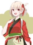  1girl :d bangs blonde_hair bob_cut breasts commentary_request hair_ribbon japanese_clothes kimono looking_at_viewer lycoris_recoil nishikigi_chisato official_alternate_costume red_eyes red_kimono red_ribbon ribbon short_hair show_time099 smile 