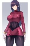  1girl alternate_breast_size black_hair blunt_bangs bodystocking border breasts closed_mouth commentary_request covered_navel covered_nipples eyelashes gloves grey_background highres hime_cut jacket large_breasts long_hair long_sleeves looking_down pink_jacket pink_skirt pokemon pokemon_(game) pokemon_frlg red_eyes sabrina_(pokemon) skirt solo volyz white_border white_gloves 