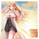  1girl armband bare_shoulders blonde_hair blue_sky blush border breasts character_name cleavage cloud collarbone commentary dress earrings fate_testarossa gloves hand_in_own_hair jewelry large_breasts long_hair looking_at_viewer lyrical_nanoha mahou_shoujo_lyrical_nanoha mahou_shoujo_lyrical_nanoha_strikers ocean orange_sky outside_border red_eyes sky smile solo sougetsu_izuki sunset very_long_hair water white_border white_dress 