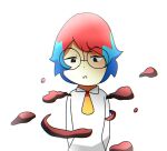  black_eyes blue_hair collared_shirt glasses multicolored_hair necktie orange_necktie parted_lips penny_(pokemon) shirt simple_background two-tone_hair white_background white_shirt zyla_zo. 