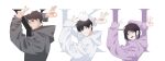  1girl 2boys absurdres biyoo_(omniscient_reader&#039;s_viewpoint) black_hair black_hoodie goodbye_sengen_(vocaloid) han_sooyoung hands_up highres hood hood_down hoodie isekaiusagi kim_dokja looking_at_viewer multiple_boys ok_sign omniscient_reader&#039;s_viewpoint one_eye_closed parted_bangs purple_hoodie short_hair simple_background v white_background white_hoodie yoo_joonghyuk 