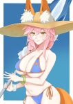  1girl absurdres animal_ear_fluff animal_ears beach_umbrella bikini blue_bikini blush breasts cleavage ears_through_headwear fate/grand_order fate_(series) fox_ears fox_girl fox_print fox_tail groin hat highres large_breasts long_hair looking_at_viewer navel noah_(pixiv68734476) orange_trim pink_hair side-tie_bikini_bottom smile solo straw_hat swimsuit tail tamamo_(fate) tamamo_no_mae_(swimsuit_lancer)_(fate) tamamo_no_mae_(swimsuit_lancer)_(second_ascension)_(fate) umbrella yellow_eyes 