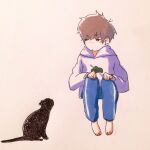  1boy bangs barefoot black_cat blue_pants brown_hair cat closed_mouth commentary full_body hood hood_down hoodie long_sleeves looking_at_animal looking_to_the_side male_focus matsuno_ichimatsu messy_hair osomatsu-san pants purple_hoodie short_hair simple_background sitting solo tokunaga_aoi traditional_media white_background 