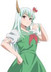  1girl ascot bow dress ex-keine green_dress green_hair gyouza_(mhea5724) highres horn_bow horn_ornament horns kamishirasawa_keine multicolored_hair puffy_short_sleeves puffy_sleeves red_ascot red_eyes short_sleeves solo touhou two-tone_hair upper_body white_background white_hair white_sleeves 