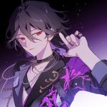  1boy absurdres achillea black_hair commentary ensemble_stars! fingernails hair_between_eyes hand_up highres jewelry lapels long_sleeves male_focus medium_hair necklace notched_lapels parted_lips red_eyes sakuma_rei_(ensemble_stars!) solo symbol-only_commentary upper_body 