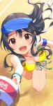  1girl armband beach beach_volleyball bikini black_hair blush bracelet breasts cleavage collarbone dot_nose highres idolmaster idolmaster_million_live! idolmaster_million_live!_theater_days inuyama_nanami jewelry long_hair looking_at_viewer looking_up medium_breasts necklace open_mouth reaching red_eyes smile solo swimsuit takayama_sayoko visor_cap yellow_bikini 