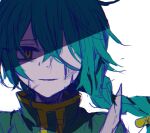  1boy ashe_bradley blood blood_on_clothes blood_on_face blush braid green_hair green_jacket holding holding_knife jacket knife long_hair male_focus marukura multicolored_clothes multicolored_jacket one_eye_covered open_mouth sketch smirk solo witch&#039;s_heart yellow_eyes yellow_jacket 