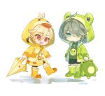  2boys alhaitham_(genshin_impact) aqua_eyes backpack bag bird black_shorts blonde_hair boots chibi dior&#039;s_bread duck frog genshin_impact green_footwear grey_hair hair_between_eyes hair_ornament hair_over_one_eye holding holding_bag holding_umbrella hood hood_up jewelry kaveh_(genshin_impact) long_sleeves male_focus multicolored_hair multiple_boys necklace open_mouth raincoat red_eyes shirt short_hair shorts smile umbrella yellow_footwear yellow_hood 