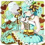  1girl aqua_eyes aqua_hair aqua_skirt bare_shoulders corset doughnut elina_(e2n04n) food frills hair_ornament heart highres ice_cream licking_lips looking_at_viewer mint_chocolate one_eye_closed original skirt solo tongue tongue_out 