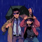  2boys anger_vein belt black_belt black_hair black_shirt blazer blue_background blue_pants bomber_jacket brown_coat brown_jacket coat commentary_request cowboy_shot endou_yuuji facial_hair goatee grey_jacket grey_necktie grey_pants grey_umbrella highres holding holding_umbrella inudori itou_kaiji jacket kaiji long_hair long_sleeves male_focus medium_bangs multiple_boys necktie open_clothes open_jacket open_mouth pants rain scar scar_on_cheek scar_on_ear scar_on_face shirt short_bangs short_hair suit sunglasses umbrella v-shaped_eyebrows very_short_hair 