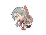  1girl aqua_hair bang_dream! black_socks brown_dress brown_footwear chibi commentary_request dress eating food french_fries green_eyes hanging highres hikawa_sayo holding holding_food kneehighs loafers long_hair long_sleeves looking_at_viewer school_uniform shoes socks sou_(user_hgyh8775) white_background 