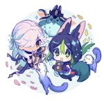  2boys :o animal animal_ear_fluff animal_ears black_hair black_headwear blubberbeast_(genshin_impact) camera chibi cyno_(genshin_impact) fish fox_boy fox_ears fox_tail genshin_impact green_eyes green_hair grey_hair hat highres holding holding_camera leisurely_otter_(genshin_impact) long_hair male_focus multicolored_hair multiple_boys open_mouth otter parted_lips simple_background sketch snzisnr sparkle tail tighnari_(genshin_impact) 