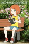  1girl bench bible_(object) bible_verse black_cat03 blue_shorts book bush closed_mouth english_text flower green_eyes highres holding holding_book looking_at_viewer mcdonald&#039;s photo_background red_footwear shirt short_hair shorts sitting smile solo yellow_shirt yoru_mac 