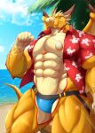 abs absurd_res aloha_shirt anthro beach clothing dragon_wings gold_scales hi_res horn jewelry jockstrap lifewonders looking_at_viewer male muscular muscular_arms muscular_male necklace ophion palm_tree pattern_clothing pattern_shirt pattern_topwear pecs plant red_clothing red_shirt red_topwear sand scales sea seaside shirt sky solo standing tan_body tan_scales tokyo_afterschool_summoners topwear toranoyouhei tree underwear water wings 