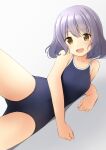  1girl :d bare_arms bare_shoulders blue_one-piece_swimsuit bob_cut brown_eyes collarbone commentary_request gradient_background grey_background hair_between_eyes highres looking_at_viewer new_school_swimsuit one-piece_swimsuit original purple_hair school_swimsuit shibacha smile solo swimsuit 