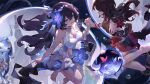  2girls asc11 bare_shoulders barefoot blue_flower bracelet breasts brown_hair bug butterfly chinese_commentary cleavage commentary commentary_request dress dual_persona flower full_body gloves hair_between_eyes hair_flower hair_ornament highres holding_hands honkai_(series) honkai_impact_3rd jewelry long_hair looking_at_another multiple_girls navel open_mouth purple_eyes red_gloves red_hair seele_(alter_ego) seele_vollerei seele_vollerei_(herrscher_of_rebirth) seele_vollerei_(starchasm_nyx) sleeveless sleeveless_dress smile white_dress 