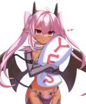  1girl :o ahoge bat_wings black_horns black_tail black_wings chain cowboy_shot cuffs dark-skinned_female dark_skin demon_girl demon_tail elbow_gloves gloves hair_between_eyes heart highres holding holding_pillow horns junkpicture loincloth long_hair nyx_(sequel) open_mouth pillow pink_eyes pink_hair pointy_ears purple_gloves sequel_(series) sequel_blight shackles simple_background solo standing tail tail_raised twintails very_long_hair white_background wings yes-no_pillow 