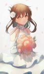  1girl bouquet brown_eyes brown_hair closed_mouth dress elbow_gloves gloves hair_between_eyes highres holding holding_bouquet inazuma_(kancolle) kantai_collection long_hair petals ranran_3939 revision side_ponytail simple_background sleeveless sleeveless_dress smile solo white_background white_dress white_gloves 