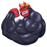  anthro beanie big_muscles black_body black_fur buzzybub clothing ear_piercing ear_ring fangs fist flexing flexing_bicep fur haplorhine hat headgear headwear horn huge_biceps huge_muscles hyper hyper_muscles male male_focus mammal monkey muscular muscular_male piercing primate red_body red_skin ring_piercing solo teeth vein 