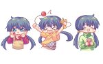  &gt;_&lt; 1girl :d :t ^^^ arms_up black_hair blue_eyes blush_stickers can chibi closed_eyes closed_mouth commentary cropped_torso green_sweater hair_between_eyes highres holding holding_can hood hood_down hoodie idoly_pride kabotd kendama long_hair low_twintails multiple_views okuyama_sumire overalls red_shirt shirt short_sleeves simple_background smile striped sweater turtleneck turtleneck_sweater twintails very_long_hair wavy_mouth white_background yellow_hoodie 