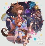  4girls aged_down agnes_tachyon_(umamusume) animal_ears artist_name black_kimono blue_kimono bracelet brown_hair candy_apple carrying carrying_over_shoulder confetti daiwa_scarlet_(umamusume) fireworks food hair_intakes hair_over_one_eye hand_fan holding holding_fan horse_ears horse_girl horse_tail japanese_clothes jewelry kimono kinchaku lantern long_hair looking_up medium_hair multiple_girls night obi open_mouth outdoors paper_fan paper_lantern pointing pointing_up pouch red_eyes running sandals sash shoulder_carry sitting sitting_on_lap sitting_on_person smile star_(sky) tail tanino_gimlet_(umamusume) tiara toes tracen_ondo_outfit_(umamusume) twintails uchiwa umamusume vodka_(umamusume) water_yoyo welchino 