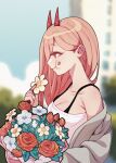  1girl :t bare_shoulders blurry blurry_background bouquet bra_strap breasts chainsaw_man cleavage commentary flower from_side grey_jacket highres holding holding_flower horns jacket lianbiglian long_hair off_shoulder open_clothes open_jacket orange_eyes pink_hair power_(chainsaw_man) profile red_flower red_rose rose solo strapless tube_top upper_body white_flower 