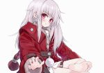  1girl barefoot blush chinese_commentary clara_(honkai:_star_rail) coat commentary_request feet foot_focus grey_hair highres honkai:_star_rail honkai_(series) jacket long_hair long_sleeves looking_at_viewer pout qiufengxiaose red_coat red_eyes red_jacket sidelocks soles solo thigh_strap toes 