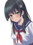  1girl black_hair blue_eyes blue_sailor_collar blush closed_mouth commentary_request embarrassed flower hair_between_eyes hair_flower hair_ornament halya_meri highres light_frown long_hair looking_at_viewer neckerchief red_neckerchief sailor_collar sakugawa_school_uniform saten_ruiko school_uniform serafuku shirt short_sleeves straight_hair toaru_kagaku_no_railgun toaru_majutsu_no_index upper_body white_background white_shirt 