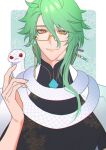  1boy animal_around_neck baizhu_(genshin_impact) changsheng_(genshin_impact) chinese_clothes closed_mouth floral_print genshin_impact glasses green_hair hair_between_eyes hair_ornament hair_stick kanapy looking_at_viewer male_focus orange_eyes snake upper_body white_snake yellow-framed_eyewear 