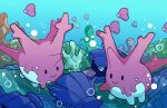  air_bubble black_eyes bubble closed_mouth commentary coral corsola english_commentary fish highres looking_at_another luvdisc mjoyart no_humans pokemon pokemon_(creature) shell shellder smile solid_oval_eyes swimming tongue tongue_out underwater 