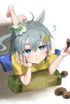  1girl animal_ears blue_eyes closed_mouth commentary_request cracker earrings food food_on_face grey_hair hair_ornament hairclip head_rest highres holding holding_food horse_ears horse_girl horse_tail jewelry legs_up lying on_side seiun_sky_(umamusume) senbei shirt simple_background single_bare_shoulder single_earring sleep_bubble small-wso6-bell solo tail umamusume white_background yellow_shirt 