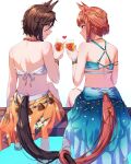  2girls absurdres air_groove_(seaside_bloom)_(umamusume) air_groove_(umamusume) animal_ears aqua_bikini back bare_back bare_shoulders bikini blue_eyes bracelet brown_hair closed_mouth cup from_behind green_eyes hair_bun hair_ornament hand_up heart highres holding holding_cup horse_ears horse_girl horse_tail intertwined_tails jewelry looking_at_another looking_to_the_side multiple_girls necklace official_alternate_costume official_alternate_hairstyle orange_hair sandals sarong short_hair shoulder_blades silence_suzuka_(emerald_on_the_waves)_(umamusume) silence_suzuka_(umamusume) simple_background sitting smile starfish_hair_ornament sugamo_(rainysnowy108) summer&#039;s_sunlight_fades_to_blue_(umamusume) swimsuit tail toast_(gesture) umamusume white_background white_bikini 