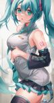  1girl :o aqua_eyes aqua_hair aqua_nails aqua_necktie arm_under_breasts armpit_crease bare_shoulders breasts collared_shirt detached_sleeves from_side grey_shirt hair_between_eyes hatsune_miku headset highres inue_ao lace-trimmed_shirt lace_trim long_hair looking_at_viewer medium_breasts microphone miniskirt necktie open_mouth pleated_skirt shirt skindentation skirt sleeveless sleeveless_shirt solo thighhighs thighs twintails very_long_hair vocaloid zettai_ryouiki 