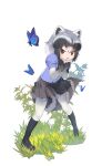  1girl animal_ears boots bow bowtie brown_eyes bug butterfly common_raccoon_(kemono_friends) destiny_child elbow_gloves extra_ears full_body gloves grey_hair kemono_friends looking_at_viewer official_art pantyhose raccoon_ears raccoon_girl raccoon_tail shirt short_hair skirt solo tachi-e tail 