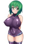  1girl black_leotard black_thighhighs blush breasts covered_navel covered_nipples glasses green_hair highres huge_breasts impossible_clothes infinite_stratos leotard semi-rimless_eyewear shintarou_(multi0319) shiny_clothes shiny_skin short_hair simple_background skin_tight smile solo standing thighhighs white_background yamada_maya_(infinite_stratos) 