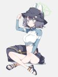  2015ma14 animal_ears belt black_hair black_headwear blue_archive blush breasts bucket_hat fake_animal_ears halo hat highres indian_style long_sleeves medium_breasts navel official_alternate_costume rabbit_ears rash_guard saki_(blue_archive) saki_(swimsuit)_(blue_archive) sandals simple_background sitting sweatdrop utility_belt 