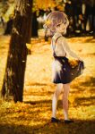  1girl absurdres autumn_leaves blurry blurry_background brown_eyes brown_hair chromatic_aberration collared_shirt colored_inner_hair commentary_request criss-cross_suspenders dappled_sunlight day falling_leaves fangs floating_hair from_behind full_body ginkgo_leaf ginkgo_tree grey_hair hatoba_tsugu highres leaf loafers long_sleeves looking_at_viewer medium_hair mikemomonga multicolored_hair open_mouth outdoors pantyhose photo_background shirt shirt_tucked_in shoes single_hair_ring skirt skirt_basket skirt_hold smile solo standing sunlight suspender_skirt suspenders tsugu_(vtuber) virtual_youtuber white_pantyhose white_shirt yellow_theme 