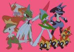  black_sclera blaziken blue_eyes breloom closed_mouth colored_sclera falinks full_body gallade highres iron_valiant lucario mega_gallade mega_pokemon no_humans pink_background pokemon pokemon_(creature) red_eyes simple_background spikes standing v_(govvvvw) yellow_sclera 