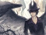  1boy axe black_eyes black_hair black_suit black_wings closed_mouth day disney disneyland feathered_wings flag formal hat highres ho_(pixiv_rxnx3444) long_sleeves male_focus marfie outdoors plant recruiters_(disney) short_hair solo suit thorns upper_body vines wings 